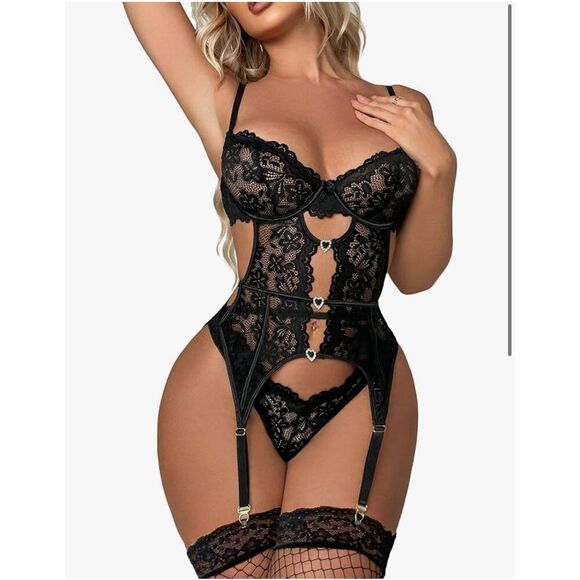 NEW Garter Lingerie Set Lace Bodysuit Rhinestone Underwire Set (No Stockings) XL - Picture 1 of 5